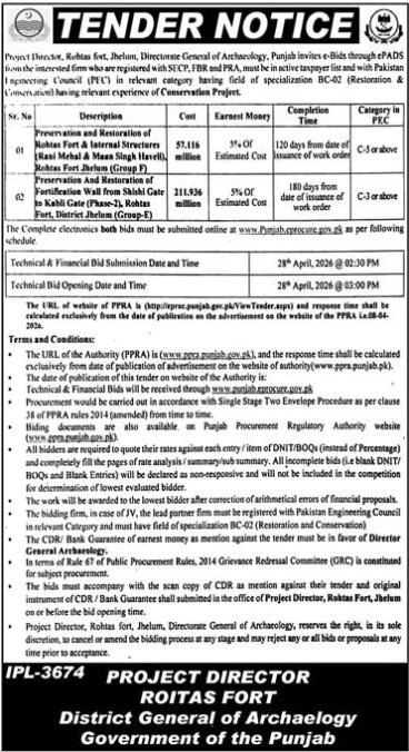 Preservation and Restoration of Rohtas Fort & Internal Structures and Preservation and Restoration of Fortification Wall from Shishi Gate to Talaqi Gate (Phase-I) at Rohtas Fort, District Jhelum